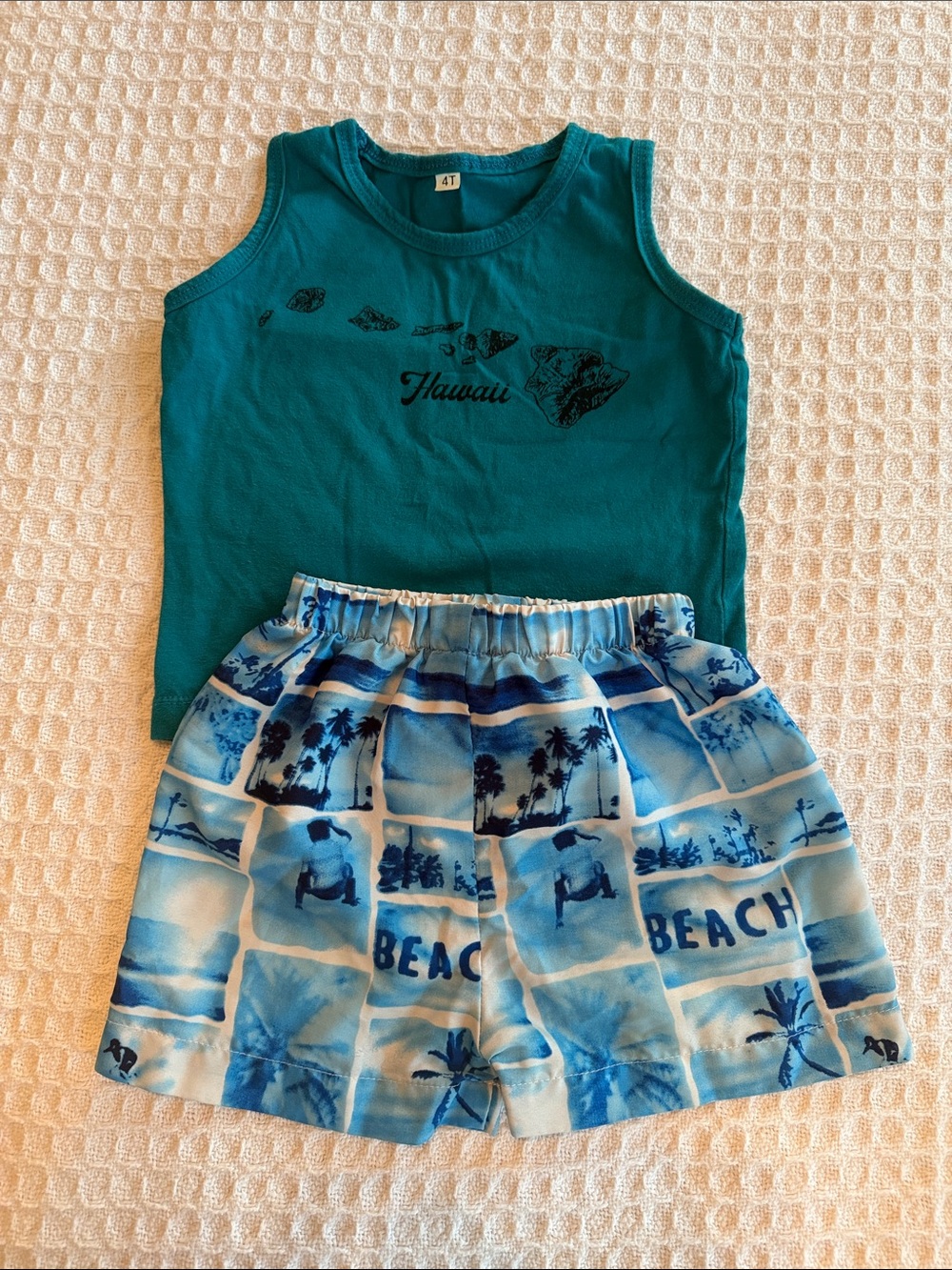 Kids Teal 'Hawaii' Tank & Blue Beach Print Shorts Matching Set